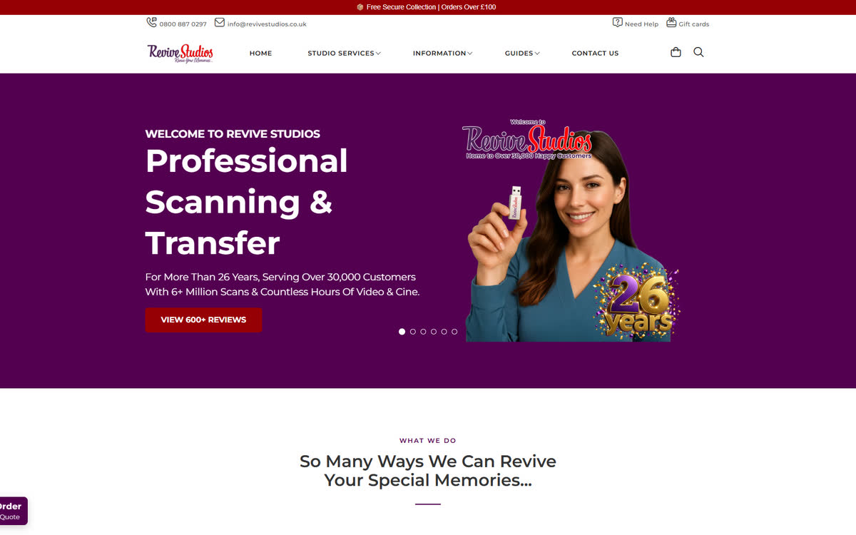 Revive Studios storefront &mdash; professional slide and photo scanning services, 26 years in business.