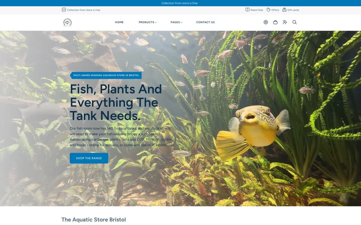 The Aquatic Store Bristol storefront &mdash; bright blue aquarium photography, award-winning Bristol retailer.